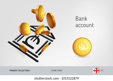 Bank icon with flying Georgian Lari coins, finance concept. Vector illustration for print, websites, web design, mobile app, infographics.
