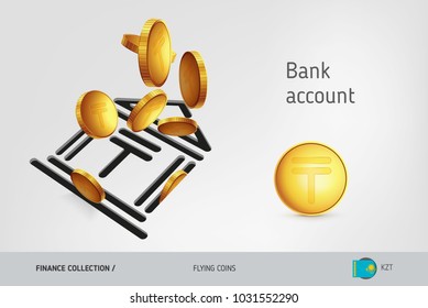 Bank icon with flying Kazakhstani Tenge coins, finance concept. Vector illustration for print, websites, web design, mobile app, infographics.