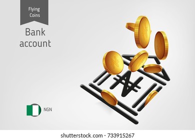 Bank icon with flying Nigerian Naira coins, finance concept. Vector illustration for print, websites, web design, mobile app, infographics.