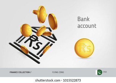 Bank icon with flying Pakistani Rupee coins, finance concept. Vector illustration for print, websites, web design, mobile app, infographics.
