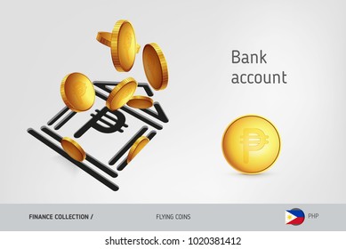 Bank icon with flying Philippine Peso coins, finance concept. Vector illustration for print, websites, web design, mobile app, infographics.