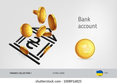 Bank icon with flying Ukrainian Hryvnia coins, finance concept. Vector illustration for print, websites, web design, mobile app, infographics.