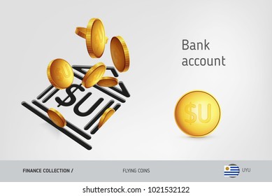 Bank icon with flying Uruguayan Peso coins, finance concept. Vector illustration for print, websites, web design, mobile app, infographics.