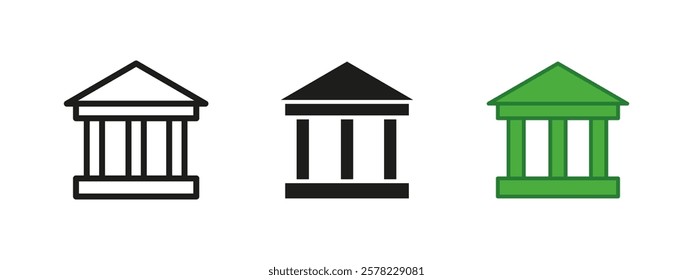 Bank icon. Government building symbol. Museum or university sign. Court or banking building vector illustration. Courthouse and columns pictogram. Federal campus institution with roman pillars concept