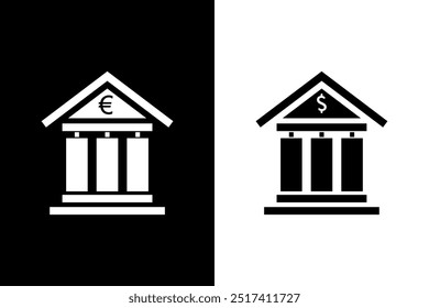 Bank icon illustration or building shape with euro and dollar sign for design, app, UI, logo.