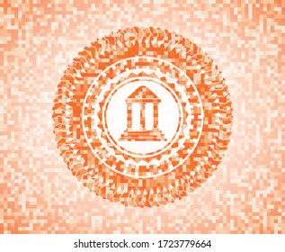 bank icon inside abstract emblem, orange mosaic background. 