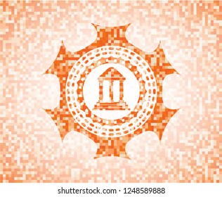 bank icon inside abstract orange mosaic emblem with background