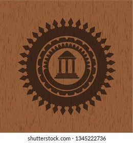 bank icon inside badge with wooden background
