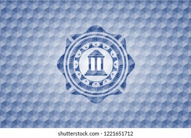 bank icon inside blue badge with geometric background.