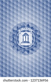 bank icon inside blue badge with geometric pattern background.