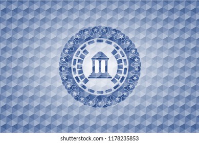 bank icon inside blue emblem with geometric pattern.