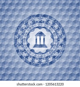 bank icon inside blue emblem with geometric pattern.