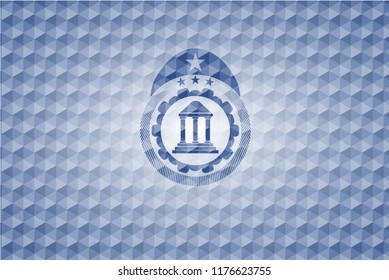 bank icon inside blue polygonal emblem.