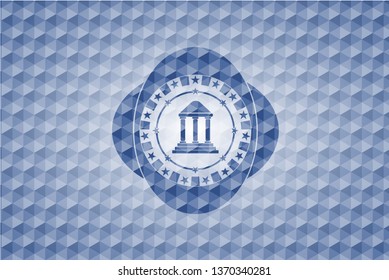 bank icon inside blue polygonal badge.