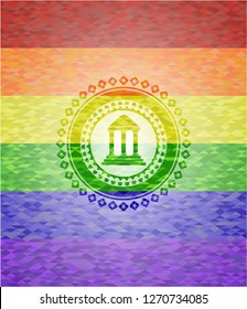 bank icon inside emblem on mosaic background with the colors of the LGBT flag