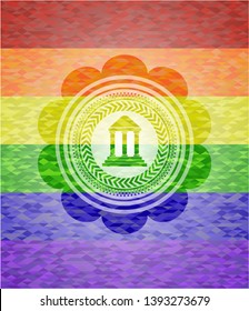 bank icon inside emblem on mosaic background with the colors of the LGBT flag