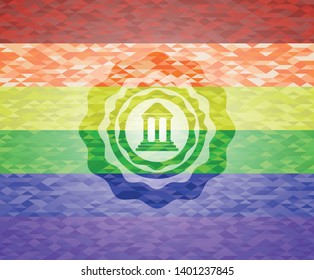 bank icon inside emblem on mosaic background with the colors of the LGBT flag