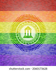 bank icon inside emblem on mosaic background with the colors of the LGBT flag. 