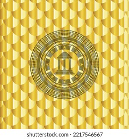 bank icon inside gold badge. Scales pattern. Vector Illustration. Detailed. 