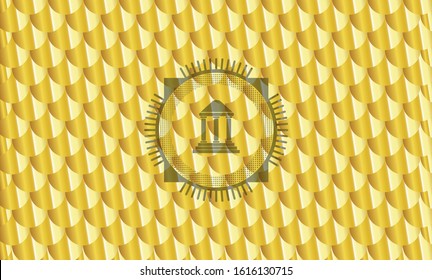 bank icon inside gold shiny emblem. Scales pattern. Vector Illustration. Detailed.