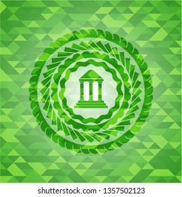 bank icon inside green emblem with mosaic background