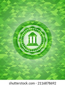 bank icon inside green emblem with mosaic background. 
