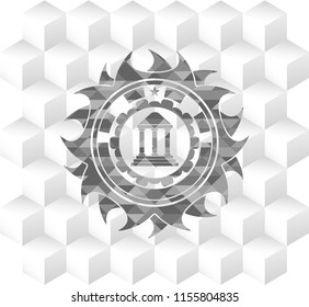 bank icon inside grey icon or emblem with geometric cube white background