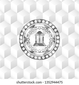 bank icon inside grey emblem with geometric cube white background
