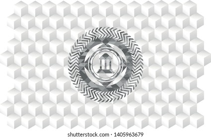 bank icon inside grey icon or emblem with geometric cube white background