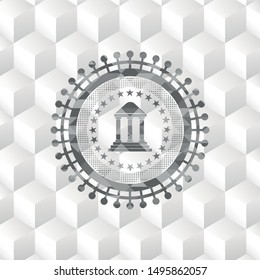 bank icon inside grey emblem with cube white background