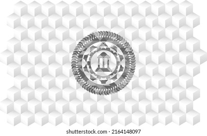 bank icon inside grey emblem. Vintage with geometric cube white background. 