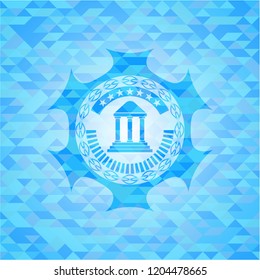 bank icon inside light blue emblem. Mosaic background
