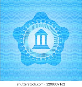 bank icon inside light blue water wave style emblem.