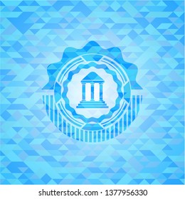 bank icon inside light blue emblem. Mosaic background