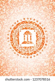 bank icon inside orange tile background illustration. Square geometric mosaic seamless pattern with emblem inside.