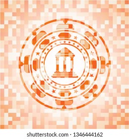 bank icon inside orange tile background illustration. Square geometric mosaic seamless pattern with emblem inside.
