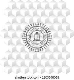 bank icon inside realistic grey emblem with geometric cube white background