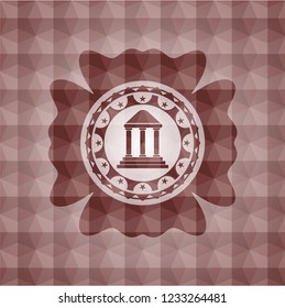 bank icon inside red emblem or badge with abstract geometric polygonal pattern background. Seamless.