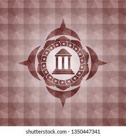 bank icon inside red emblem with geometric pattern. Seamless.