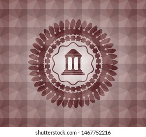 bank icon inside red emblem with geometric pattern background. Seamless.