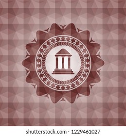 bank icon inside red seamless badge with geometric pattern background.