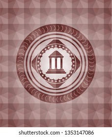 bank icon inside red seamless emblem or badge with abstract geometric polygonal pattern background.