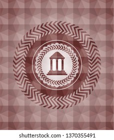 bank icon inside red seamless emblem with geometric pattern.