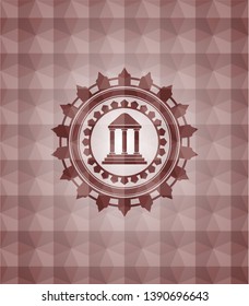 bank icon inside red seamless emblem or badge with abstract geometric polygonal pattern background.