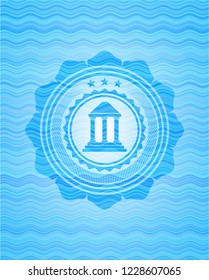 bank icon inside sky blue water wave badge background.