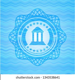 bank icon inside water wave concept badge.