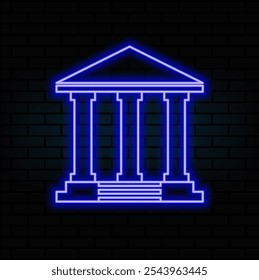 Bank icon in neon line style. Classical building in greek temple style symbol.