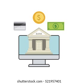 bank icon on computer screen and money items around over white background. vector illustration