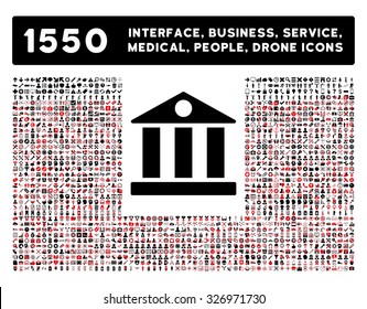 Bank icon and other web interface, business, tools, people, medical service and awards vector symbols. Style is bicolor flat symbols, intensive red and black colors, rounded angles, white background.