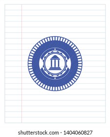 bank icon pen emblem. Blue ink. Vector Illustration. Detailed.